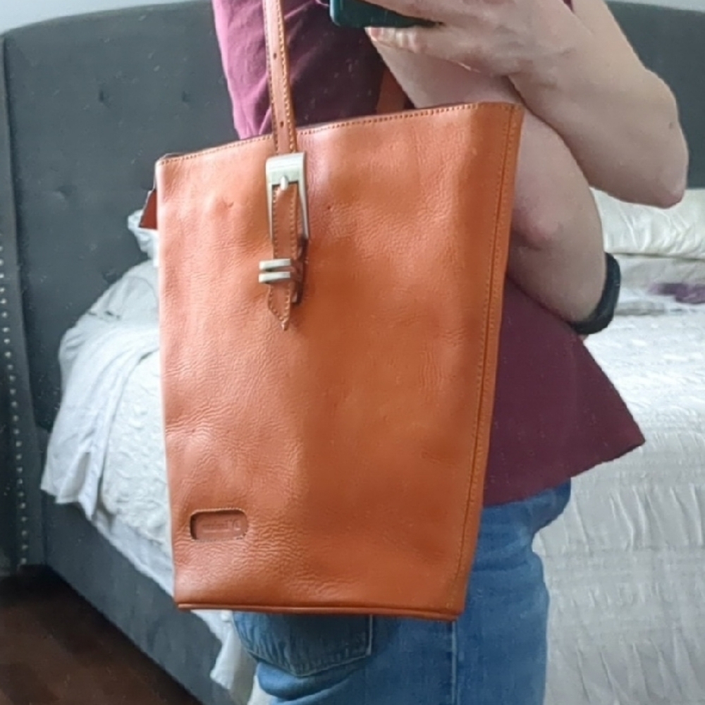 Orange Leather Bucket Shoulder Bag